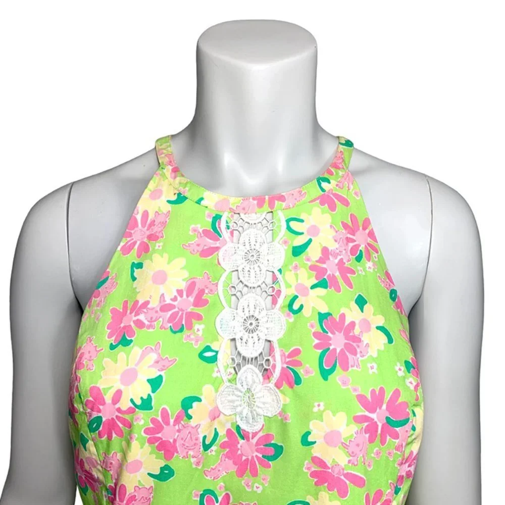 LILLY PULITZER VINTAGE 90's Rhino + Floral Print Halter Dress With Crochet Trim - Picture 4 of 8